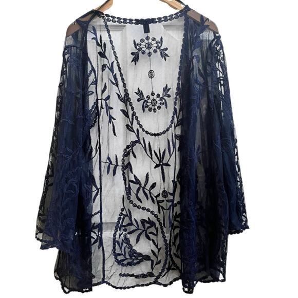 Nina Leonard Floral Embroidered Mesh 3/4 Sleeves Open Duster Cardigan Large - Picture 3 of 9